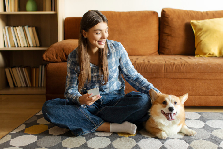 親友のコンセプト。携帯電話を持って、ウェールズのコーギー犬をかわいがって、リビングルームの床のカーペットに座って幸せな女性